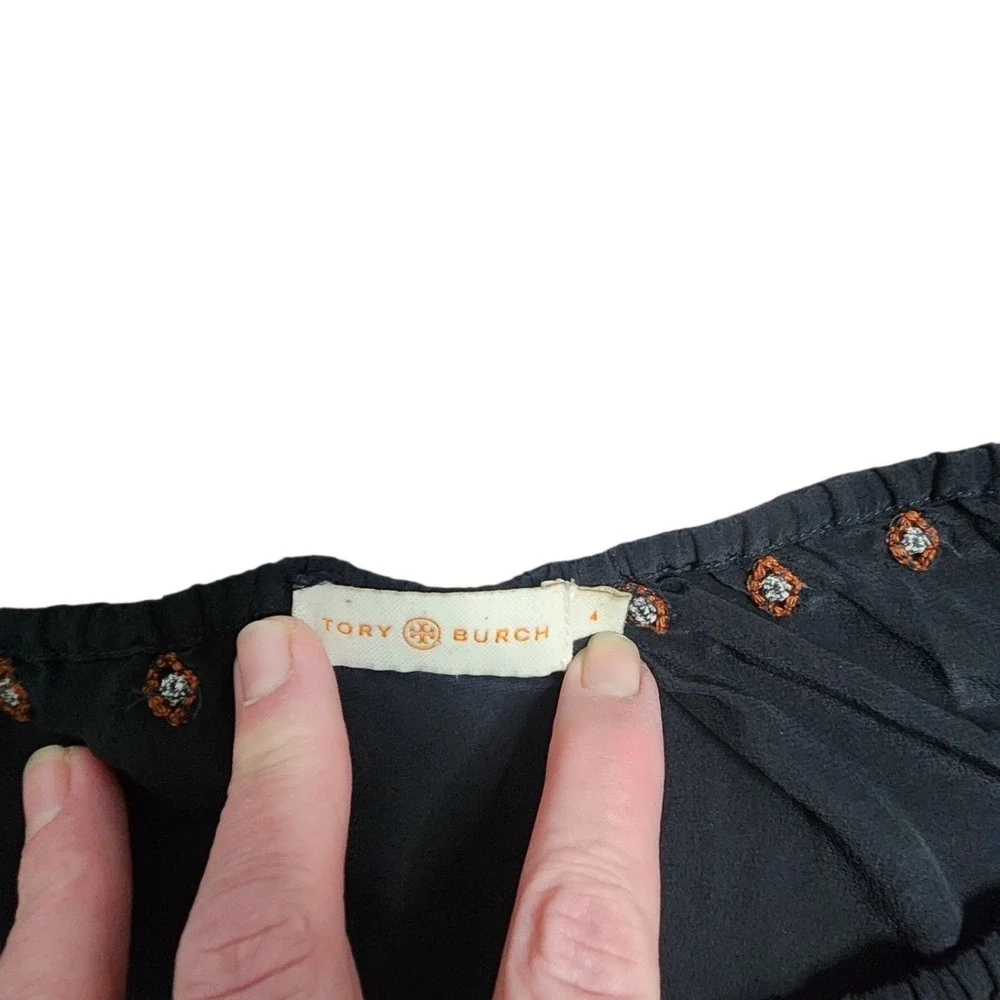 Tory‎ Burch Embroidered Black Long Sleeve Blouse Shirt Size 4 Boho Southwestern
